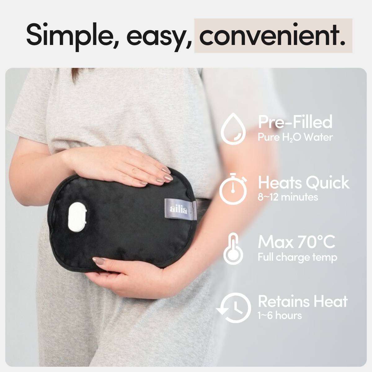 Ailia Electric Hot Water Bottle + Body Strap (Black)