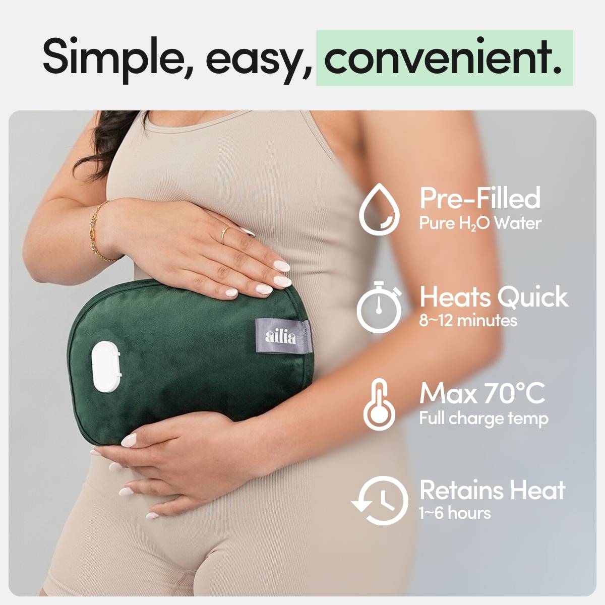 Ailia Electric Hot Water Bottle + Body Strap (Green)